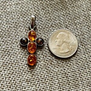 Orange and Silver Amber Necklace Cross Pendant